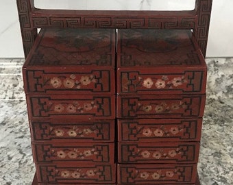 Antique Asian Festive Red Stacking Lacquer Wooden Wedding Gifts Box Turns into Lunch Set