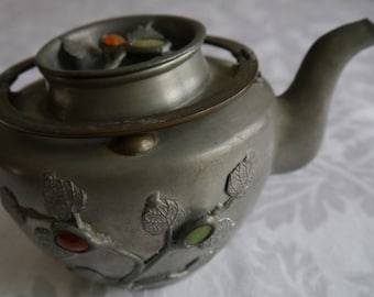 Chinese Antique Pewter Mounted Cabochon Hardstone Teapot