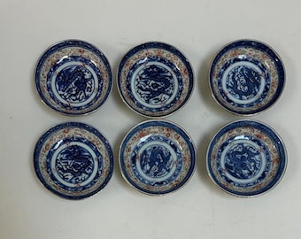 Juego de 6 cuencos de porcelana china antigua para exportación en azul, blanco y rojo con diseño de dragón de la buena suerte