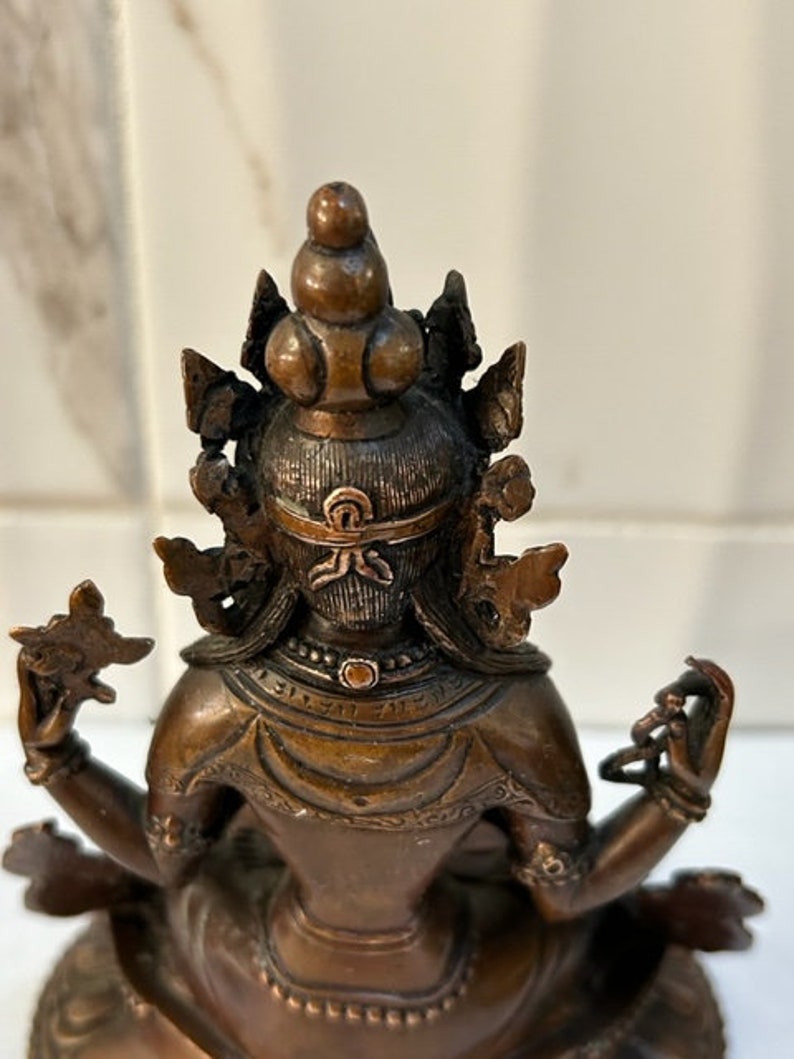 Asian Antique Double Lotus Dragon Carving Copper Khercheri Statue image 5