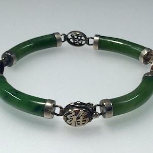 Antique Sterling Silver Fine Quality Jade link bracelet with Chinese characters for Long Life
