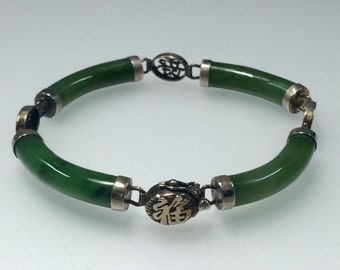 Antique Sterling Silver Fine Quality Jade link bracelet with Chinese characters for Long Life