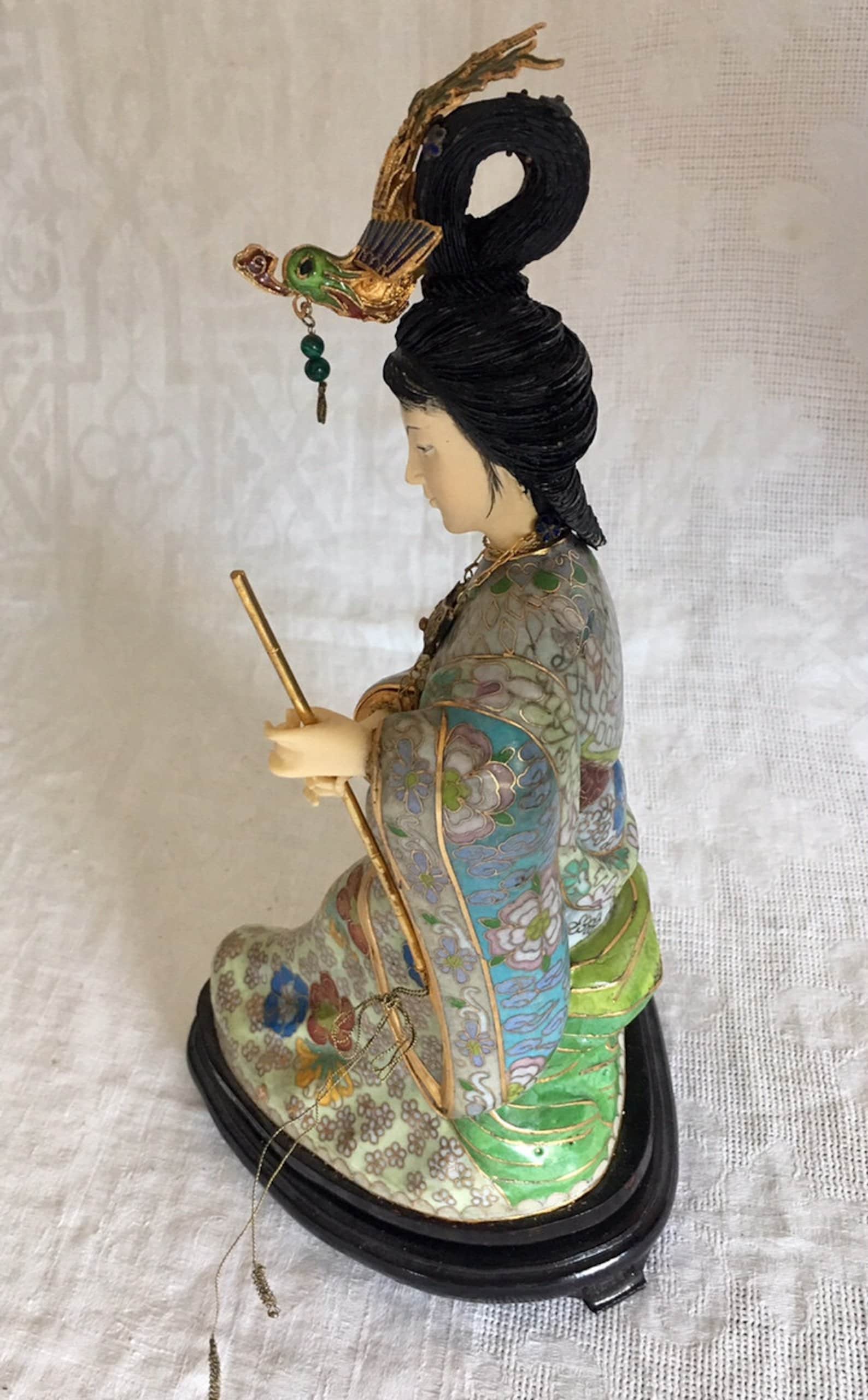 Rare Vintage Chinese Cloisonne Lady Statue Figurine of Gilt Metal Body