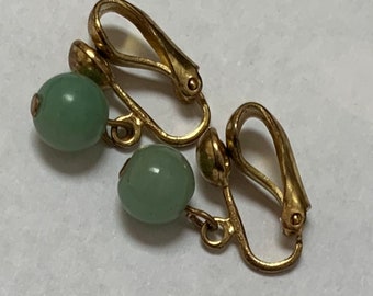 Genuine Hand Crafted Gold Tone Chinese Vintage Green Jade Clip on Earrings