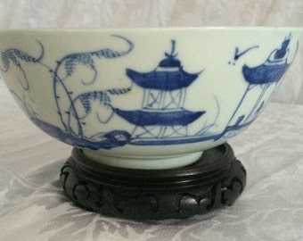 Qing-dynastie Antieke Chinese Handgeschilderde Kanton Patroon Blauw Wit Landschap Porselein