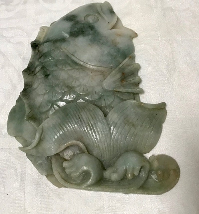Beautiful Old Jadeite Jade Fish Statue With Wood Base Stand Etsy