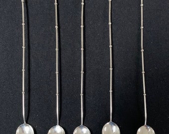 Set  of 5 Japanese ca 1960s Bamboo Style Sterling 950 Silver Ice Tea Spoons  Straws with figurative charms