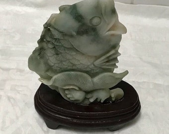 Beautiful Old Jadeite Jade Fish Statue with Wood Base Stand