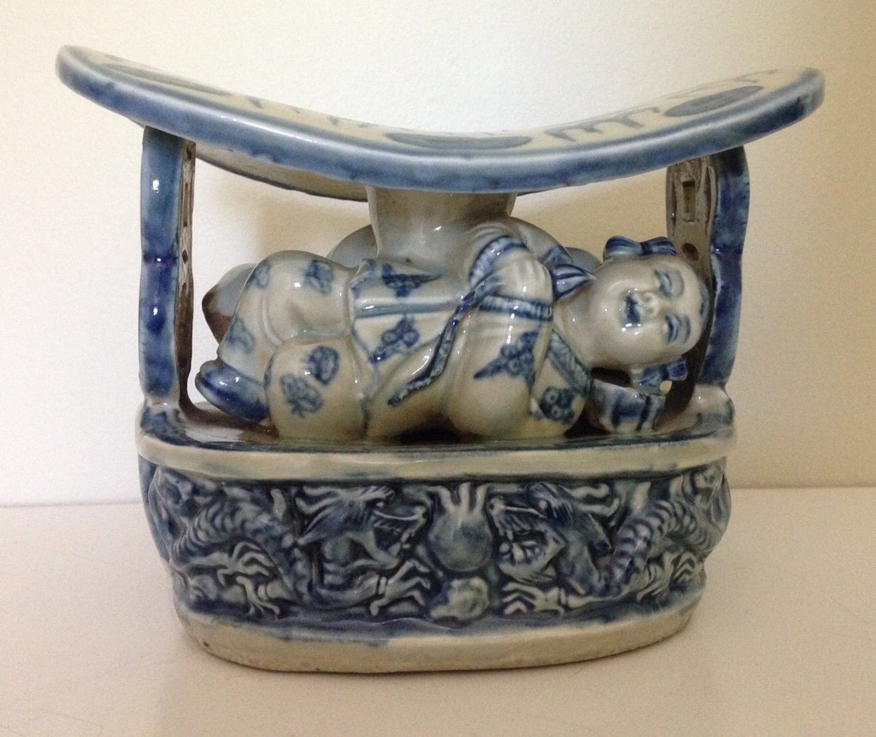 Rare Antique Chinese Blue and White Dragon Boat Porcelain Pillow With