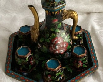 Chinese Antique Export Enameled Cloisonne  Octagon Teaset With  Covered Pot 6 Cups and Tray
