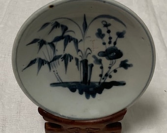 Rare Chinese Ming Dynasty Provincial Blue and White Porcelain Plate with Hand Carved Hardwood Stand