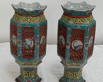 Ein Paar feine antike chinesische Porzellan Famille RosenPorzellan Hochzeit Laternen Lampen