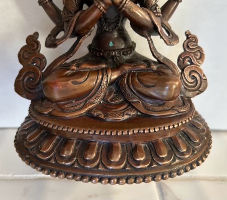 Asian Antique Double Lotus Dragon Carving Copper Khercheri Statue imagem 6