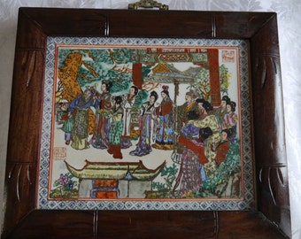 China Antigua Famille Verte Rosa Porcelana Placa Figura Figura De Madera