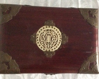 Antique Chinese Brass & Rosewood Jewelry Box with Bones Medallion decoration Silk lin