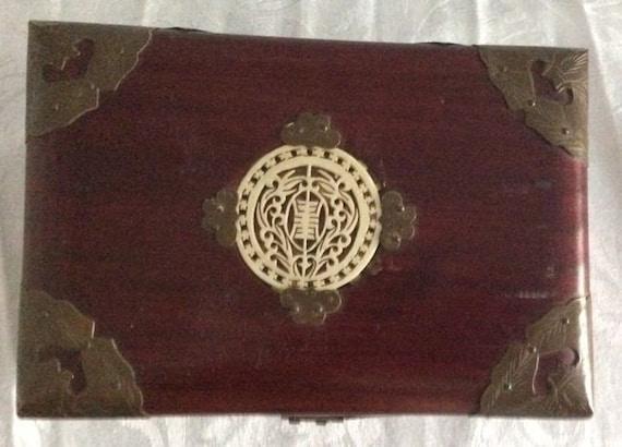 Antique Chinese Brass & Rosewood Jewelry Box with… - image 1