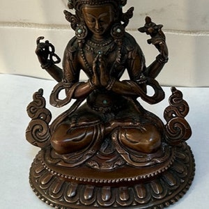 Asian Antique Double Lotus Dragon Carving Copper Khercheri Statue imagem 3