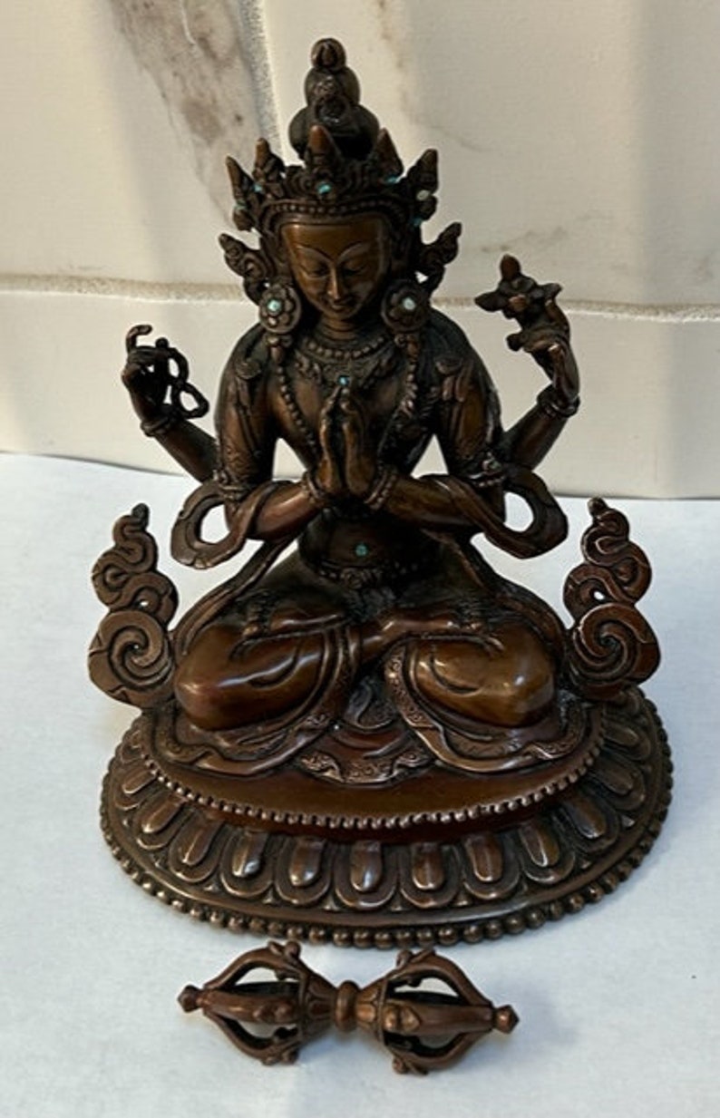 Asian Antique Double Lotus Dragon Carving Copper Khercheri Statue image 3