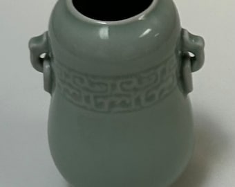 Chinese Vintage Longquan Celadon Glazed Anhua Longquan Handled Vase