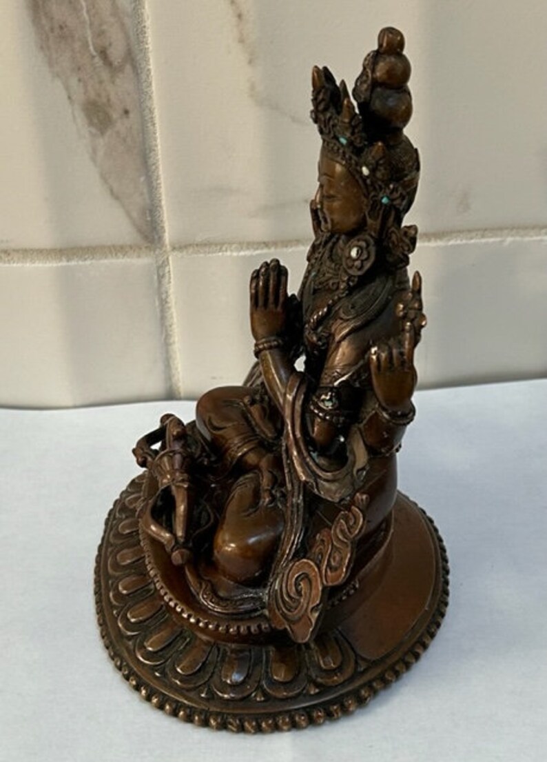 Asian Antique Double Lotus Dragon Carving Copper Khercheri Statue image 9