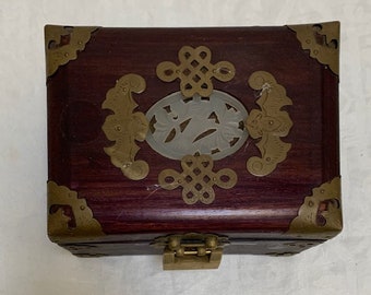 Vintage Ornate Chinese Rosewood Carved Jade Brass Jewelry Box