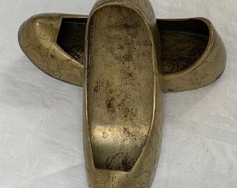 A Pair of Antique Chinese Incised Brass Shoe Ashtray Paperweight