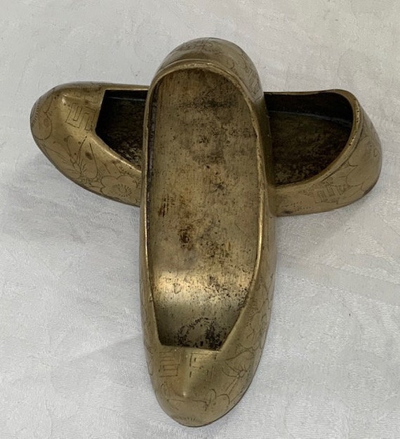 A Pair of Antique Chinese Incised Brass Shoe Ashtr