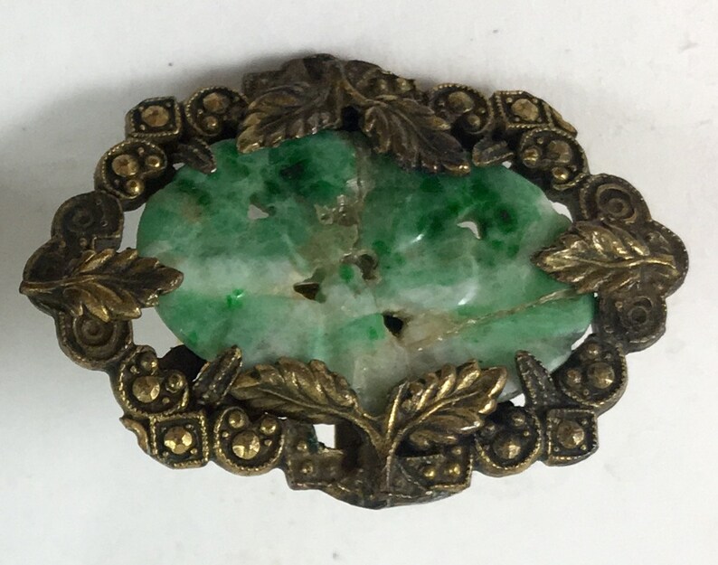 Antique Genuine Jadeite Jade 12k Gold Filled Filigree Clip On Earrings