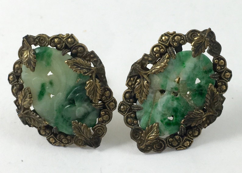 Antique Genuine Jadeite Jade 12k Gold Filled Filigree Clip On Earrings