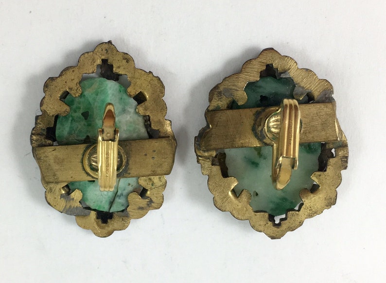 Antique Genuine Jadeite Jade 12k Gold Filled Filigree Clip On Earrings