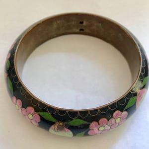 Vintage Chinese Black Enamel Brass Cloisonne Bangle Bracelet