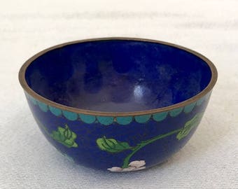 1900s Chinese Antiques Brass & Enamel Cloisonne Blue Floral  Bowl