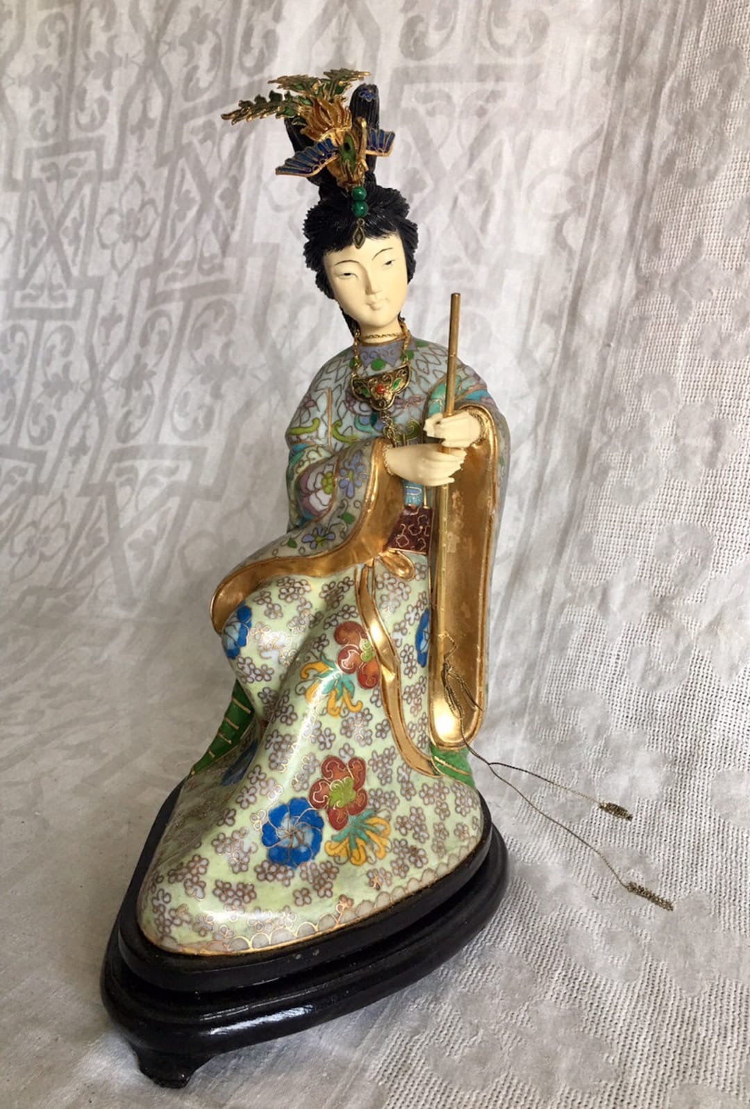 Rare Vintage Chinese Cloisonne Lady Statue Figurine of Gilt Metal