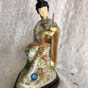 Rare Vintage Chinese Cloisonne Lady Statue Figurine of Gilt Metal Body and Carved Highlight Hair