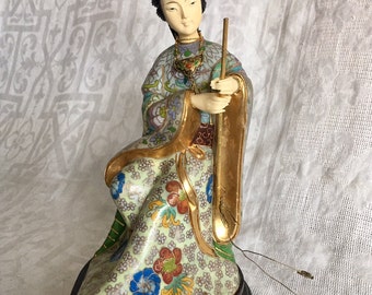 Rare Vintage Chinese Cloisonne Lady Statue Figurine of Gilt Metal Body and Carved Highlight Hair