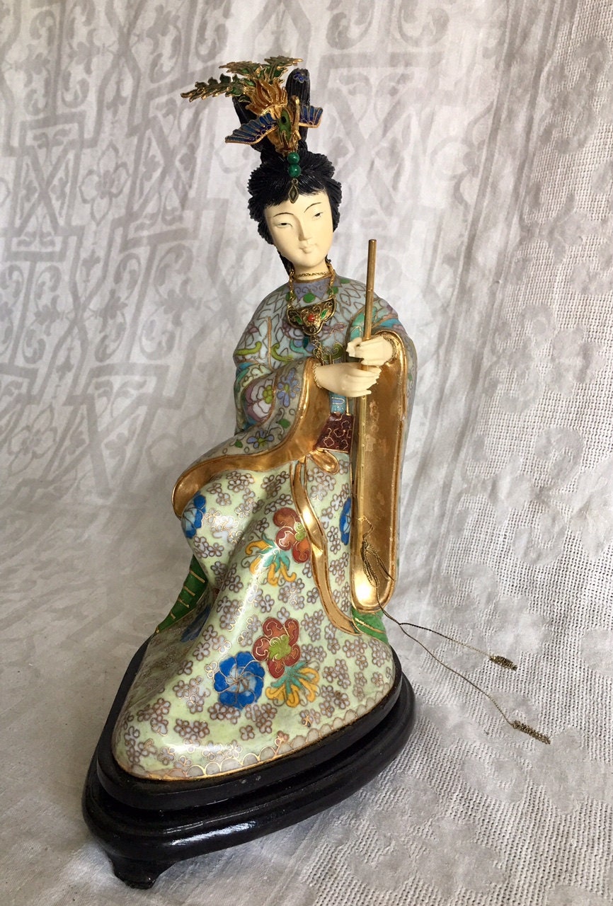 Rare Vintage Chinese Cloisonne Lady Statue Figurine of Gilt Metal Body
