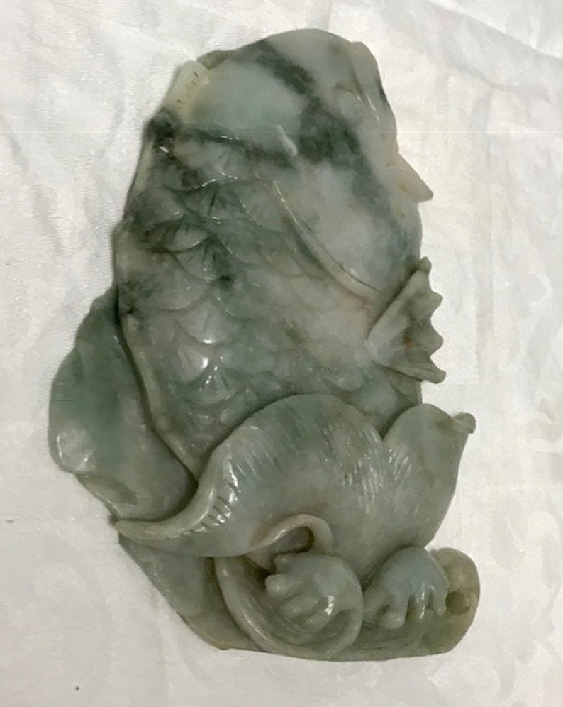 Beautiful Old Jadeite Jade Fish Statue With Wood Base Stand Etsy