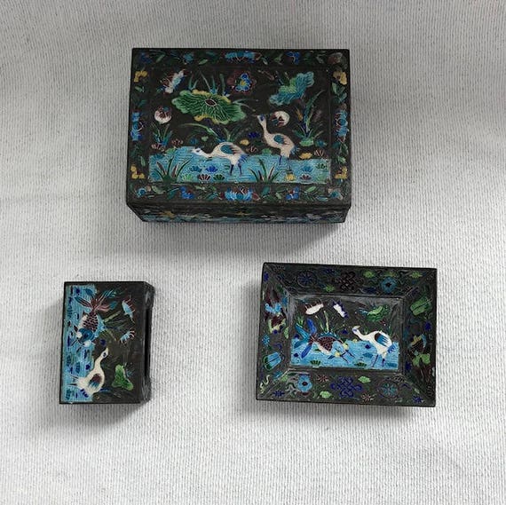 Antique Chinese Enamel Bird Floral Cigarette Case, Match Box Holder,  Trinket Dish Tray