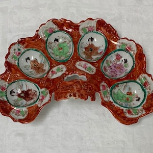 Antique japanese hand painted porcelain kutani fan shape dish geisha