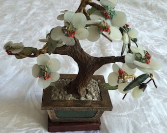 Old Estate Chinese Jade Tree Carved Stones Bronze Brass Gems Bonsai Statue