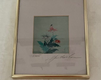 Framed Chinese Artist Yun Shan Lau Signature Hand-Painted Lotus Watercolor Flower ink Painting Art