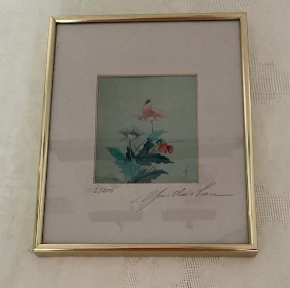 額入り中国アーティスト Yun Shan Lau サイン入り手描き蓮水彩花