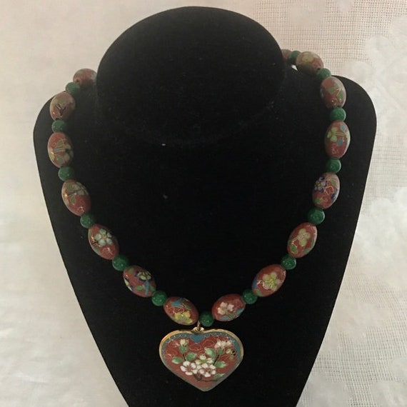 Chinese Antique Cloisonne Bead Red Floral Necklac… - image 1