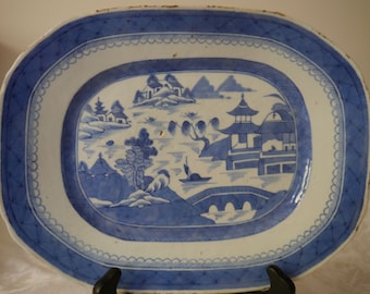 Antieke 19e eeuwse Chinese Export Porselein Kanton Blauw en Wit porselein Plaat