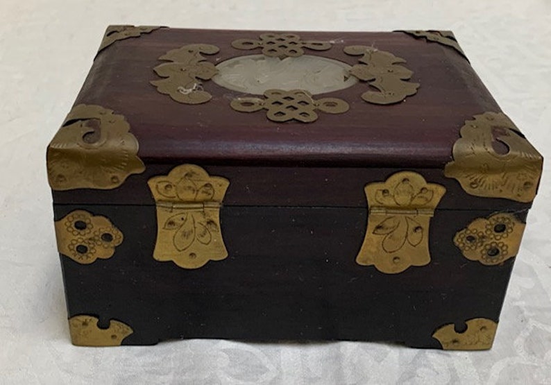 Vintage Ornate Chinese Rosewood Carved Jade Brass Jewelry Box Etsy