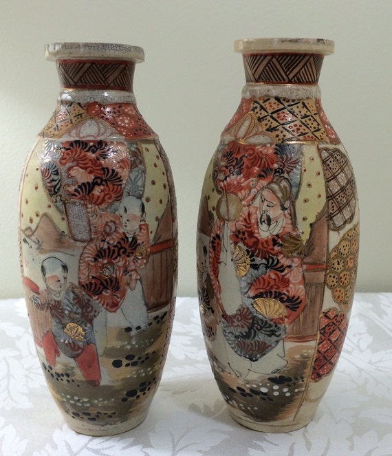 薩摩焼 花瓶 薩摩錦 耳付き 色絵 骨董 花鳥風月 九谷手 木箱入 金彩