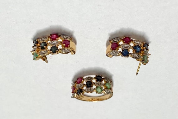 Stylish Chinese Multi-Gemstone Yellow Gold Over Sterling Silver Cluster Ring and Earrings