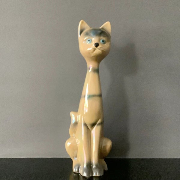 Vintage Lustre Tall Ceramic Ginger / Marmalade Cat Figurine