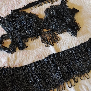 vintage authentic Cabaret 80&#39;s or older black loop fringe Belly Dance Costume hand beaded bedlah bra and belt wearable as-is size Sm-Med