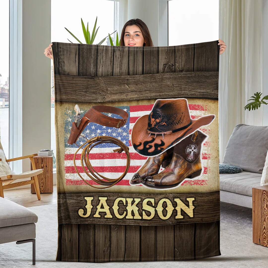 Personalized Cowboy Blanket, Cowboy Hat & US Flag Blanket, Custom Name Velveteen Plush Blankets